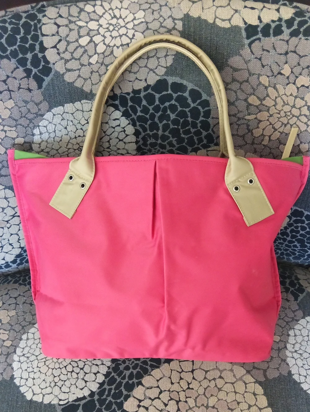 18x12x6" Waterproof Hot Pink & Apple Green 🏖️ Beach Tote Bag with Tan Handles - Picture 2 of 13